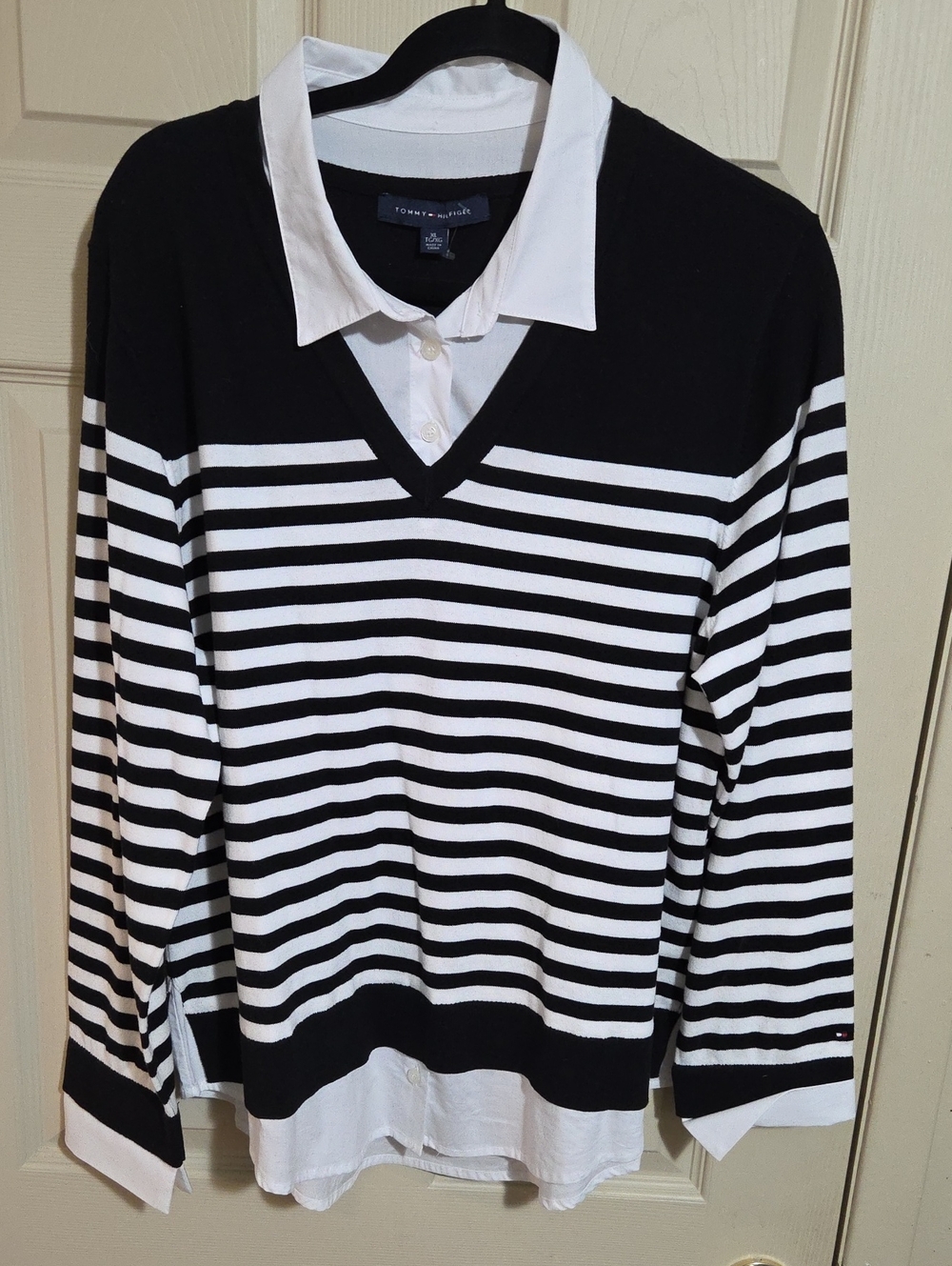 Tommy Hilfiger Black and White Striped V-Neck Sweater